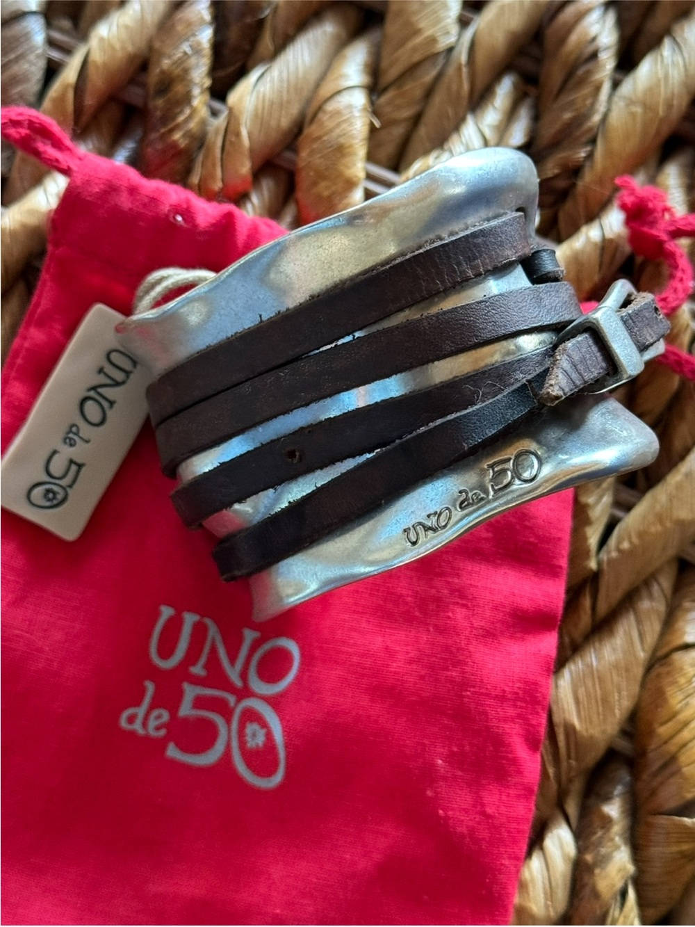 UNO de 50 Ibiza Chunky Silver & Brown Leather Wrap Bracelet